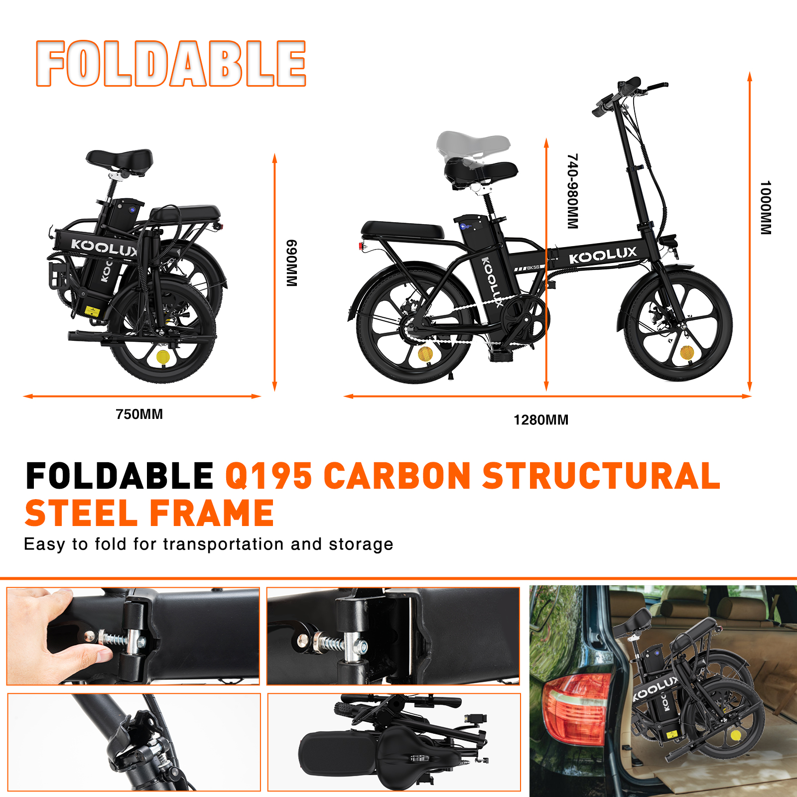 KOOLUX BK5 Foldable E bike 16 Inches 250W Motor Black